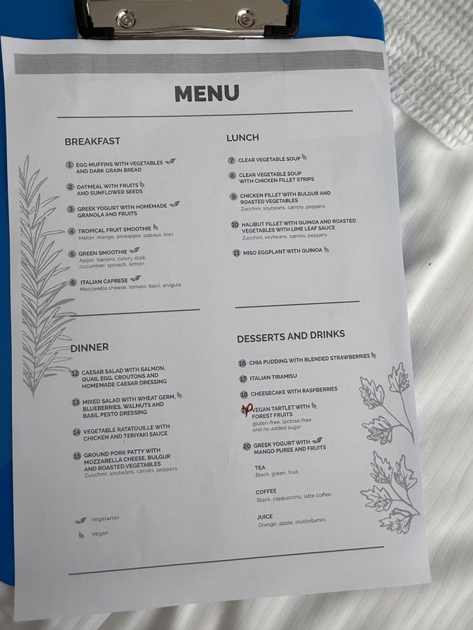 Nordclinic menu on a clipboard listing halibut, tiramisu and smoothies